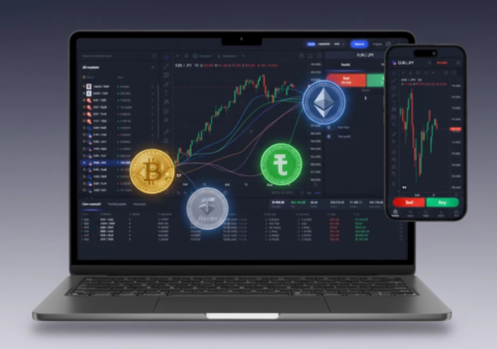 Dotbig – Laptop displaying cryptocurrency trading platform with Bitcoin and altcoins