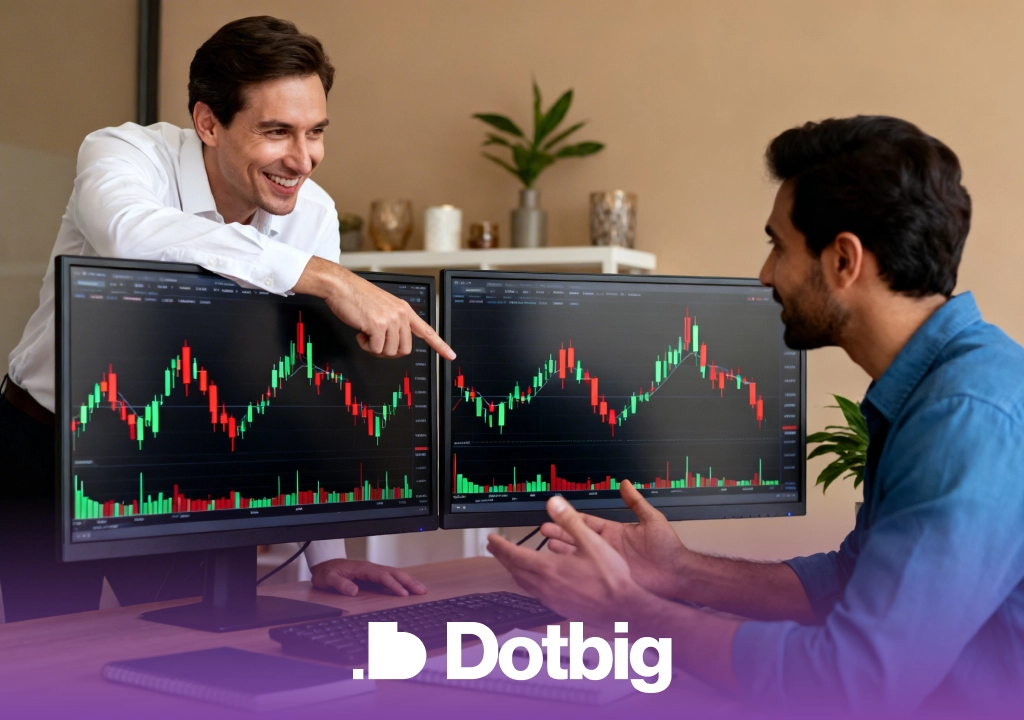 DotBig professionals discussing stock charts on a screen during a meeting